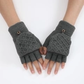 Dark grey knitted fingerless gloves with diamond pattern and fold-over flap design - One Size / Dark Gray