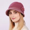 Women's dark magenta rabbit fur knit bucket hat with floral detail and warm lining - One Size / Rose Red
