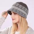 Women's warm grey knit beanie with visor, ear protection and decorative bee charm - One Size / Gray