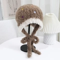 Brown plush knit hat with colorful buttons and white fluffy ear flaps for women - One Size / Khaki
