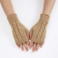 Winter cable knit fingerless gloves in khaki showing warm thick twist pattern - Beige