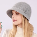 Women's warm grey knitted rabbit fur bucket hat with a stylish 3D flower decoration - One Size / Light Gray