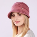Pinkish purple knit cloche hat for women with plush texture and gold bow detail - One Size / Rose Red