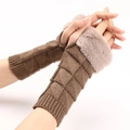 Brown knitted fingerless gloves for women with faux fur trim and diamond texture - Khaki