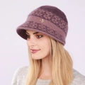 Elegant purple knitted wool visor hat with diamond pattern and rhinestone feather decor - One Size / Deep purple