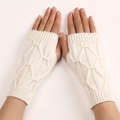 Mitaines longues en tricot blanc crème avec motif losange et trou pour le pouce - Blanc