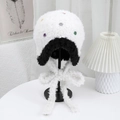 Plush earflap knit hat with colorful buttons and black trim for cozy winter warmth - One Size / White