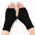 Black fingerless knitted gloves with elegant hollow leaf patterns and ribbed cuffs - Black
