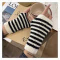 Short knitted fingerless gloves with black and white stripes for winter warmth - One Size / White + Black