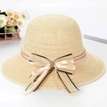 Elegant beige straw sun hat with decorative ribbon bow and rhinestone for women - Beige