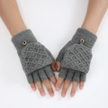 Grey knitted fingerless gloves with honeycomb texture and fashion button decor - One Size / Light Gray