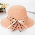 Women's foldable pink straw sun hat with large bow and rhinestone flower decoration - Pink