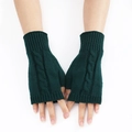 Macro detail of dark green cable knit fingerless gloves with ribbed wrist cuffs - Dark Green