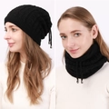 Black cable knit beanie and neck warmer set with drawstring and metal pendant detail - Black
