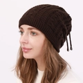 Dark brown chunky knit slouchy beanie for men and women with adjustable drawstring - Coffee