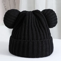Detailed close-up of a black knit hat with cute round ears and thick textured ribs - One Size / Bear Ears Decoration (Mickey-like Style) / Black