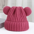 Detailed texture of thick ribbed knit rose red beanie with cute bear ears for winter - One Size / Rose Red