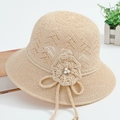 Elegant beige crochet sun hat with hollow patterns and pearl floral detail for women - One Size / Beige
