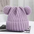 Detail of lavender knit beanie with plush bear ears and chunky ribbed texture for winter - One Size / Light Purple
