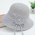 Elegant light gray crochet sun hat for women with floral pearl accents and tie straps - One Size / Light Gray