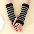 Short striped fingerless knit gloves in black and grey for autumn and winter warmth - One Size / Black + Gray