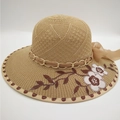 Women's knit sun hat with floral embroidery and ribbon chain on wide brim - One Size (53-58CM) / Khaki