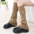 Y2K brown distressed knit leg warmers with ripped holes for a stylish flared aesthetic - One Size / Khaki