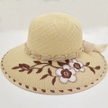Women's summer straw sun hat with floral embroidery and elegant metal chain ribbon - One Size (53-58CM) / Beige