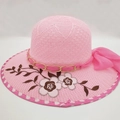 Pink knit sun hat with floral embroidery, gold chain trim and large decorative bow - One Size (53-58CM) / Pink