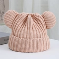 Detail of pink knitted beanie with bear ears and ribbed texture for winter warmth - One Size / Lotus Root Pink (Visual) / Beige