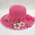 Pink woven sun hat with wide brim, floral embroidery and ribbon for summer protection - One Size (53-58CM) / Rose Red