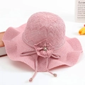 Pink wavy wide brim knit sun hat with floral pearl detail and breathable wave texture - One Size / Light Purple