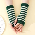 Short green and white striped knit fingerless gloves for women winter arm warmers - One Size / Green+Beige