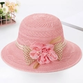 Elegant pink straw sun hat for women featuring a large silk flower and wide brim detail - One Size (53-58CM) / Light Purple