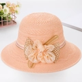 Peach woven sun hat for women with mesh flowers and checkered bow for summer beach - One Size (53-58CM) / Pink