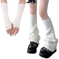 Japanese style white ribbed knit leg warmers and arm sleeves set for Y2K fashion - White