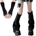 Japanese Y2K black ribbed knit arm warmers and slouchy leg covers set for women - Black