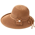 Summer brown knit sun hat for elderly women with handmade flower pearl detail and soft brim - One Size Adjustable / Caramel