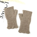 Detail of camel knit fingerless gloves with ruffle edge and vertical ribbed texture - Khaki