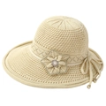 Elegant beige knit sun hat for elderly women with decorative flower and pearl accent - One Size Adjustable / Beige