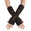 Distressed dark coffee knit fingerless gloves with shredded hole details for women - Dark Gray