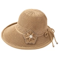 Summer khaki woven sun hat for elderly women with floral accent and pearl ribbon detail - One Size Adjustable / Khaki