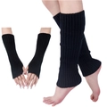 Detailed knit texture of black ribbed leg warmers and fingerless gloves set for winter - Black