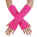 Neon pink distressed knit arm warmer featuring ripped long fingerless glove design - Rose Red
