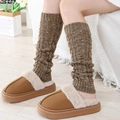 Thick cable knit leg warmers in coffee brown paired with cozy plush slippers for winter - One Size / Khaki and Beige