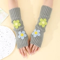 Grey Y2K knitted arm warmers with blue and green 3D floral embroidery details - One Size / Light Gray