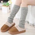Thick cable knit leg warmers with plush slippers on wooden floor for winter warmth - One Size / Light Grey + White