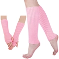 Ensemble jambières en maille rose et gants sans doigts assortis pour femmes - Rose