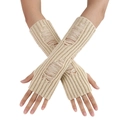 Cream distressed knit long arm warmers with ripped hollow design for women - Beige