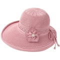 Summer pink knitted sun hat for elderly women with floral pearls and hollow pattern - One Size Adjustable / Pink